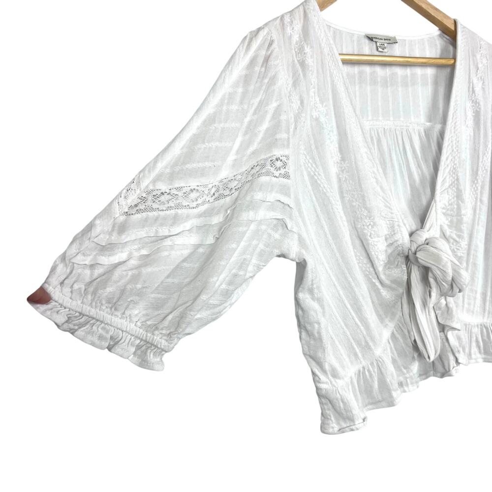 American Eagle V-Neck Gauzy Lace Tie-Front White Blouse Top BOHO L - Picture 5 of 14